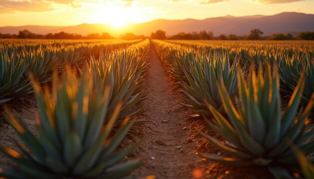 Agave plants grow in rows under golden sunset light. Barren dry soil fields stretch towards distant mountains. Harvested plants are used for tequila production.