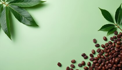Top view photo. Green coffee leaves near roasted beans on light green backdrop. Fresh plant flora. Space for text. Food drink background. Flat lay concept.