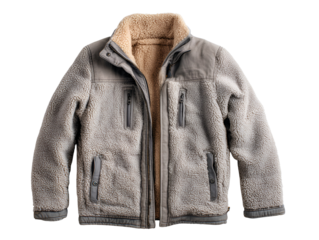 Warm textured fuzzy winter jacket with zipper isolated on transparent background