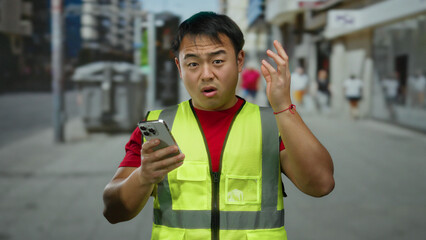 Man wearing safety vest texting on smartphone in urban street setting with blurred background showing city life and technology use.