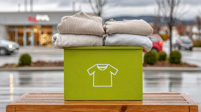 Clothes donation bin outside supermarket entrance with folded garments on rainy day