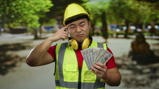Young man in construction gear holds dollar bills in a park setting, showcasing a thoughtful expression, surrounded by trees and sunlight. - Powered by Adobe