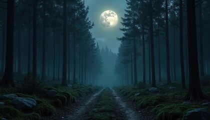 Fototapeta premium Illustration of a mystical night forest with a full moon illuminating the path. Dark trees in fog creating an atmosphere of mystery. Woodland scenery background.