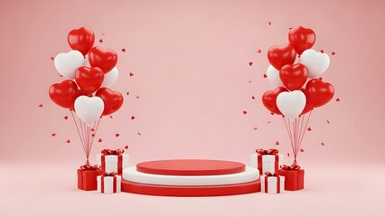 Romantic valentine s day podium with balloons and gifts for product showcase