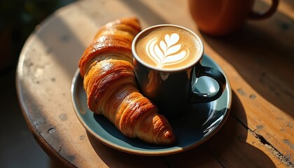 Morning coffee with latte art rests on plate next to two flaky croissants. Sunlit table reveals cozy breakfast scene. Warm pastries and hot drink await enjoyment, pure delight.