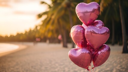 Romantic heart balloons on a beach at sunset for valentine s day