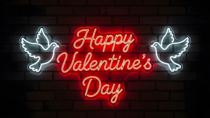 Neon happy valentines day sign with doves on a brick wall