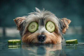Yorkie terrier dog enjoys a relaxing spa day with cucumber slices on its eyes in a serene setting