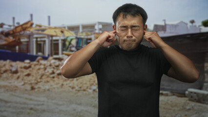 Fototapeta premium Man wearing black shirt covers ears beside excavator at building site with rubble strewn around; annoyance.