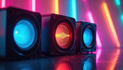 Fototapeta premium Three speakers glow with colorful lights. A sound wave pulses on the center speaker. Neon tubes create a vibrant backdrop, suggesting music and entertainment.