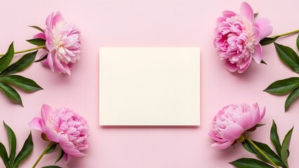 Pink peonies framing a square card on a pastel background