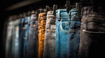 Display of various styles and colors of jeans on a shop shelf showcasing intricate fabric textures and details in a retail setting