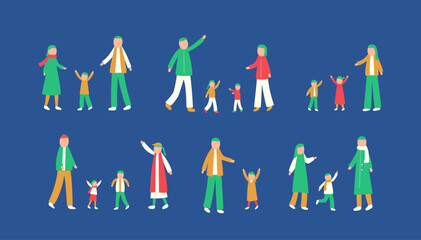 冬を過ごす家族のイラストセット