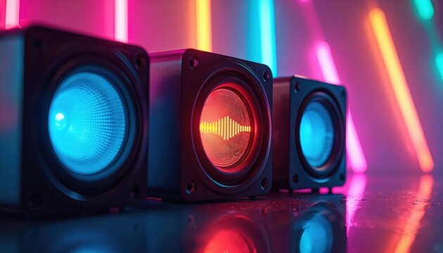 Three speakers glow with colorful lights. A sound wave pulses on the center speaker. Neon tubes create a vibrant backdrop, suggesting music and entertainment.