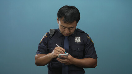 Young chinese policeman in dark blue uniform holding pen and writing notepad against a blue studio...