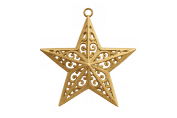 Golden star christmas ornament with intricate filigree design for festive holiday decorations, isolated transparent background