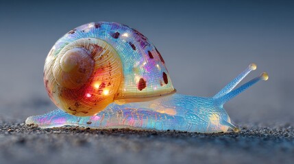 Colorful snail slowly crawls across a smooth surface during a sunny day in nature