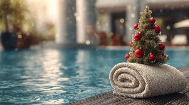 Decorative mini Christmas tree on poolside towel during holiday season in bright outdoor setting - Powered by Adobe