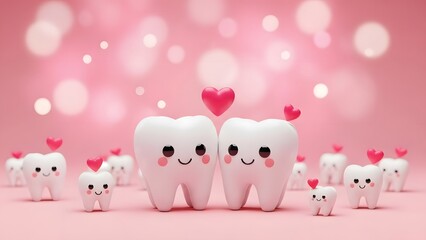 Cute cartoon teeth characters in love on pink background for valentine s day
