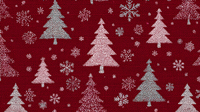red Christmas background with snowflakes and christmas trees, seamless pattern of christmas trees and snowflakes on red background, Christmas wrapping paper, Xmas pattern with ornaments