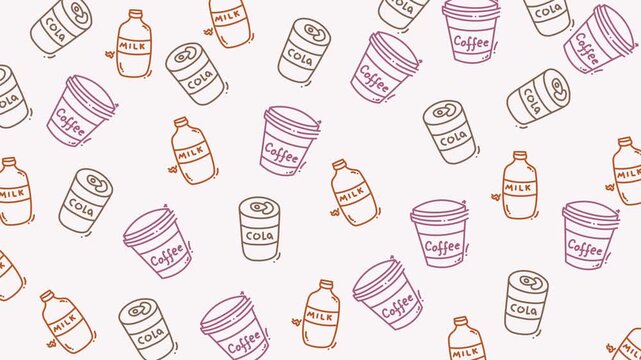 Favorite drink animated seamless loop pattern background with wavering coffee cups, milk bottles, and colas. Ideal for beverage industry marketing materials or wallpapers, social media and more 