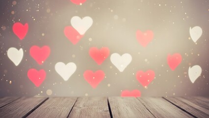 Romantic valentine s day background with hearts and wooden floor for product display