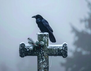 Fototapeta premium Raven Perched on Snow-Covered Cross in Foggy Cemetery During Winter Morning