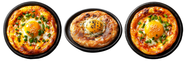 Korean Hotteok pancake with fried egg and black sesame seeds on top, isolated on white background, Asian cuisine