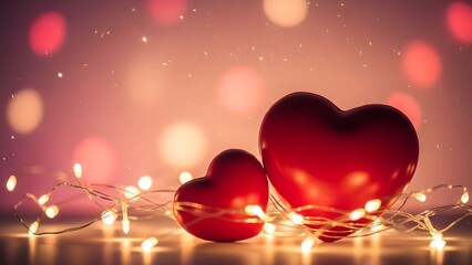 Romantic valentine s day hearts with string lights and bokeh background