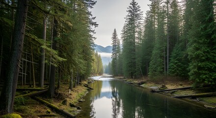 Serene forest landscape with river reflecting trees and mountains