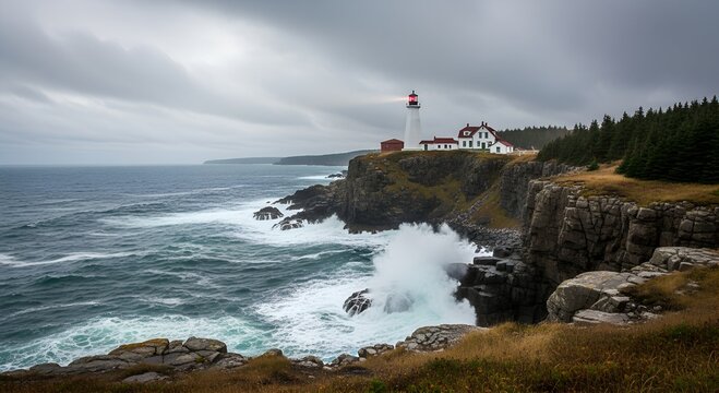 Coastal lighthouse overlooking rocky cliffs and turbulent ocean waves  