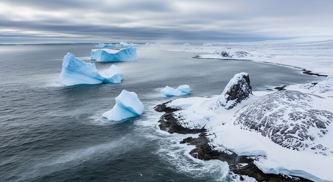 Aerial view of icebergs and snowy coastline in remote Arctic landscape - Powered by Adobe