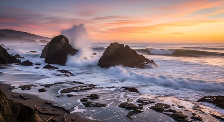 Waves crashing on rocky coast at sunset with colorful sky