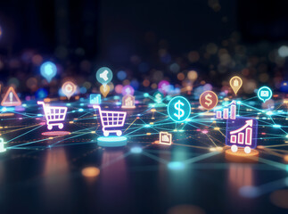 Futuristic network of glowing holographic icons for e-commerce, data analytics, and online financial transactions
