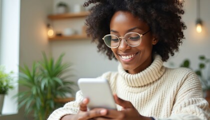 Woman with curly hair wearing glasses smiles looking at phone. She wears a cozy sweater in a bright room. Person enjoys digital device, happy with online reply. She is holding a mobile phone.