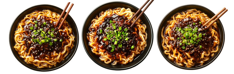 Bowl of Jajangmyeon noodles with beef in blackbean sauce, topped with scallions and sesame seeds, isolated on white background