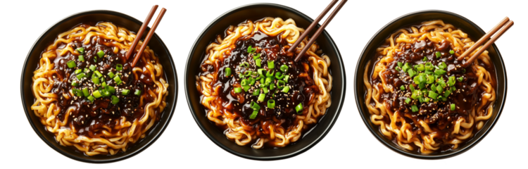 Bowl of Jajangmyeon noodles with beef in blackbean sauce, topped with scallions and sesame seeds, isolated on white background