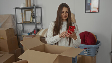 Woman unpacking boxes in new apartment while using smartphone surrounded by moving items conveying...