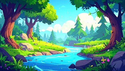 Vibrant cartoon forest landscape with a clear blue river winding through lush green trees and sunlit meadows.