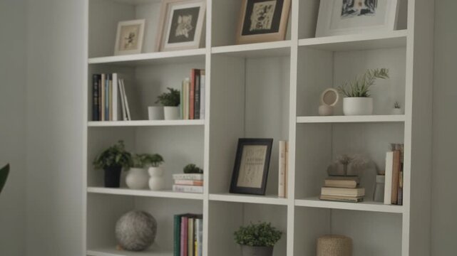 A view of a white bookshelf with books plants and framed pictures near a window in a room