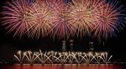 Vibrant fireworks exploding over city skyline reflecting in water at night