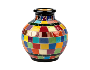 Colorful patchwork tiled vase with dark trim on black