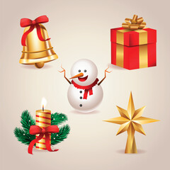 A cheerful Christmas composition featuring golden bells, a smiling snowman, a glowing candle, a wrapped gift, pine branches, and a shining star. Bright festive elements on a warm background.