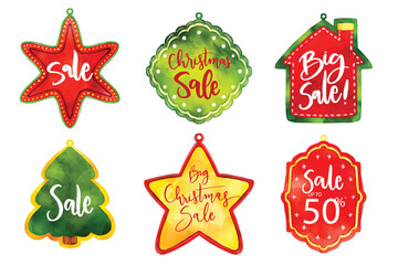 Colorful Christmas-themed sale tags in star and round shapes with stitched borders. Bright red, green, and yellow tones make these labels perfect for holiday discounts and promotions.
