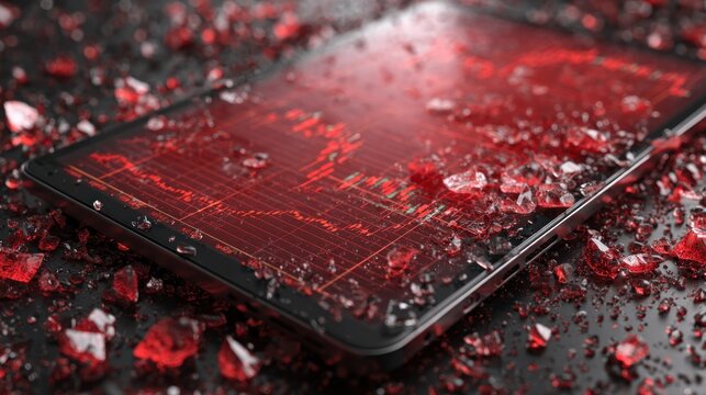 Shattered tablet screen with red chart