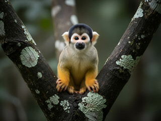 Obraz premium Alert squirrel monkey with bright fur on a tree branch in its natural forest habitat