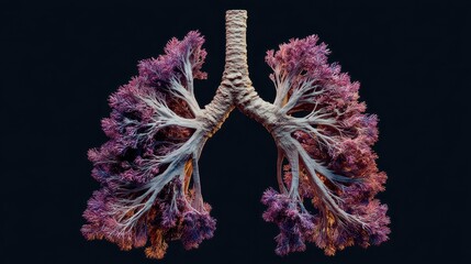 Inside lungs affected by chronic obstructive disease with evidence of smoke exposure showing damaged tissues and reduced airflow
