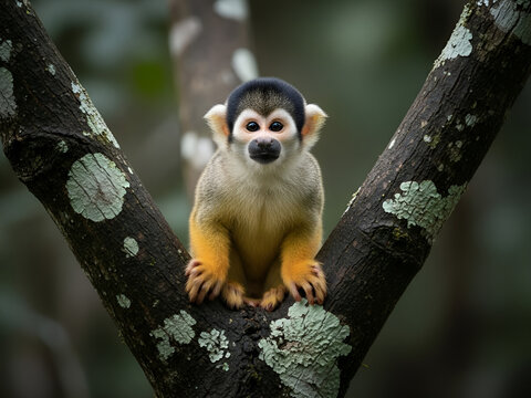 Alert squirrel monkey with bright fur on a tree branch in its natural forest habitat