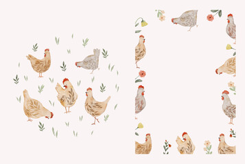 Obraz premium Watercolor farm chickens circle and frame set. Hand painted birds clipart for invitations and creative projects.