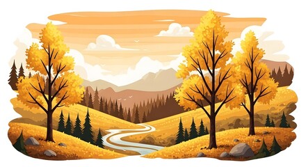 Vibrant autumn landscape with golden trees and winding river scenic beauty